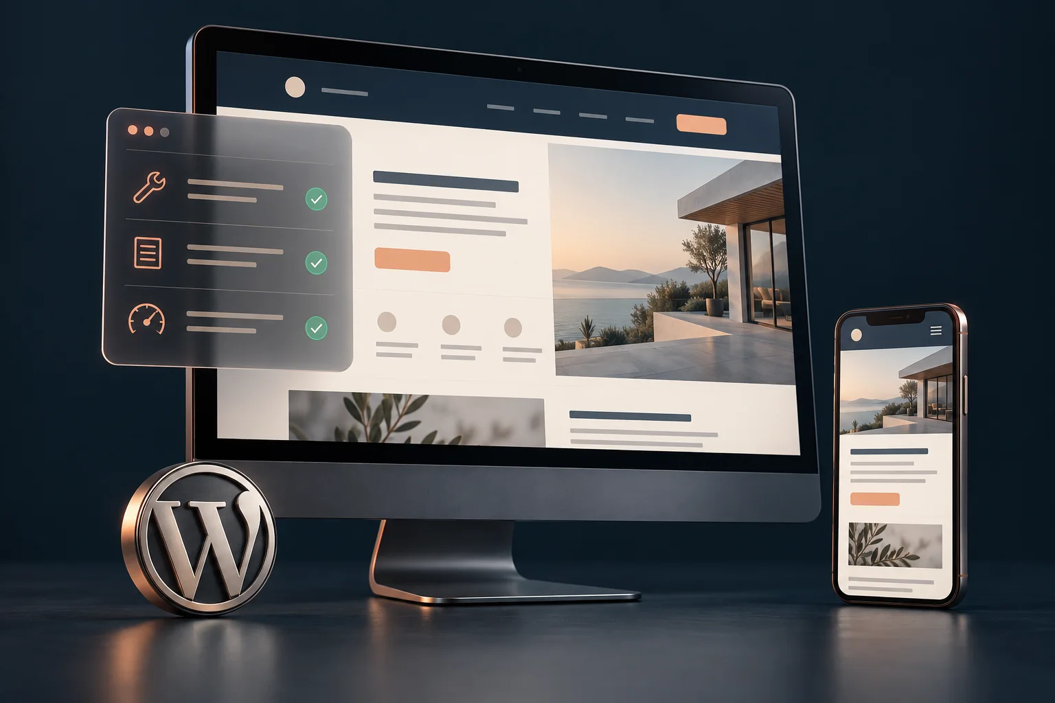 A WordPress website on a desktop and phone, with an illustrated diagnostic panel.
